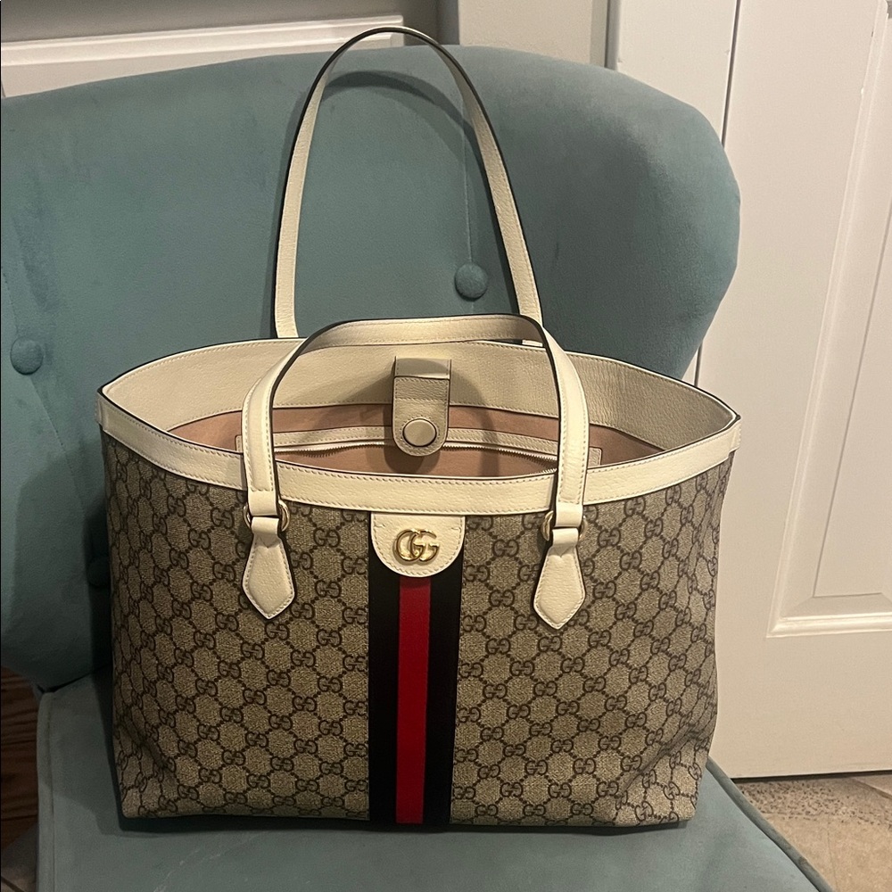 Gucci Beige  Tote with Red and navy Stripe